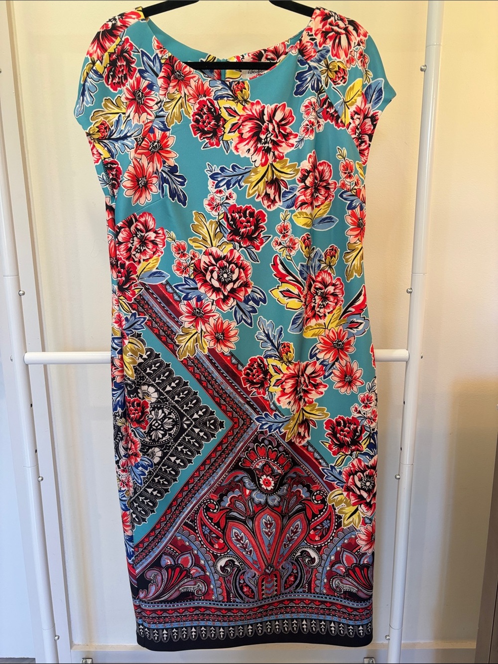 ECI Teal Floral Midi Dress with Pink & Yellow Blooms